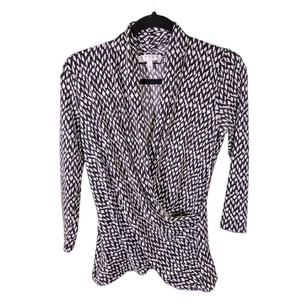 Chaus Black and White Long Sleeves Wrap Blouse Women's Small